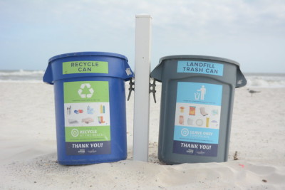 recycling bins on the beach
